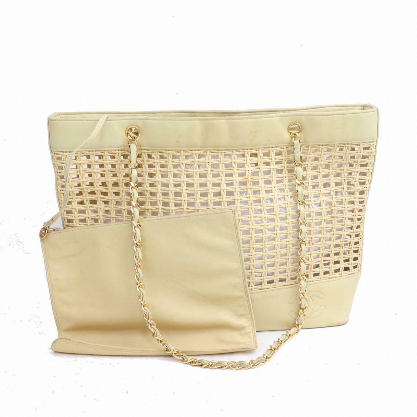 Brand Inspired C*C Tote Bag Triple Coco Chain Tote Cream Straw (SHC7-10106)