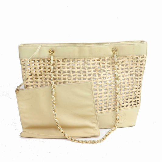 Brand Inspired C*C Tote Bag Triple Coco Chain Tote Cream Straw (SHC7-10106)