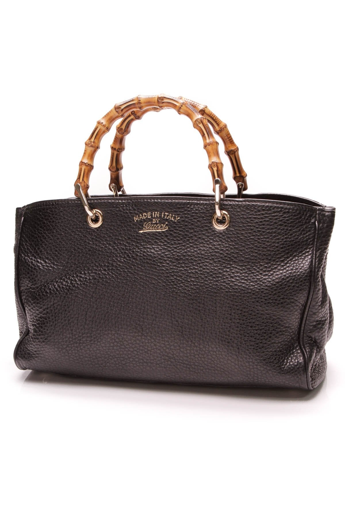 Bamboo Shopper Tote Bag - Black Pebbled Leather