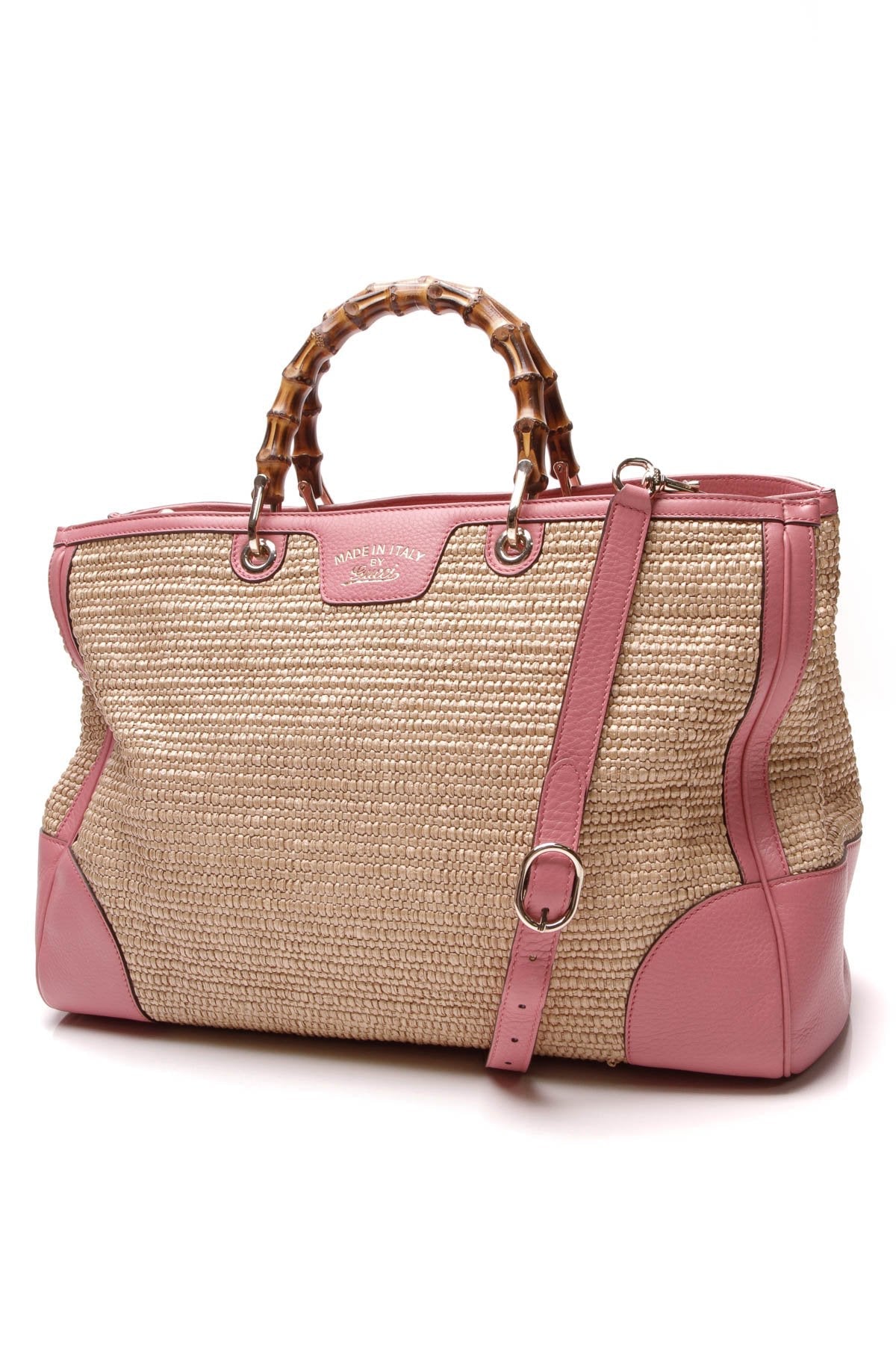 Bamboo Straw Shopper Tote Bag - Beige/Pink