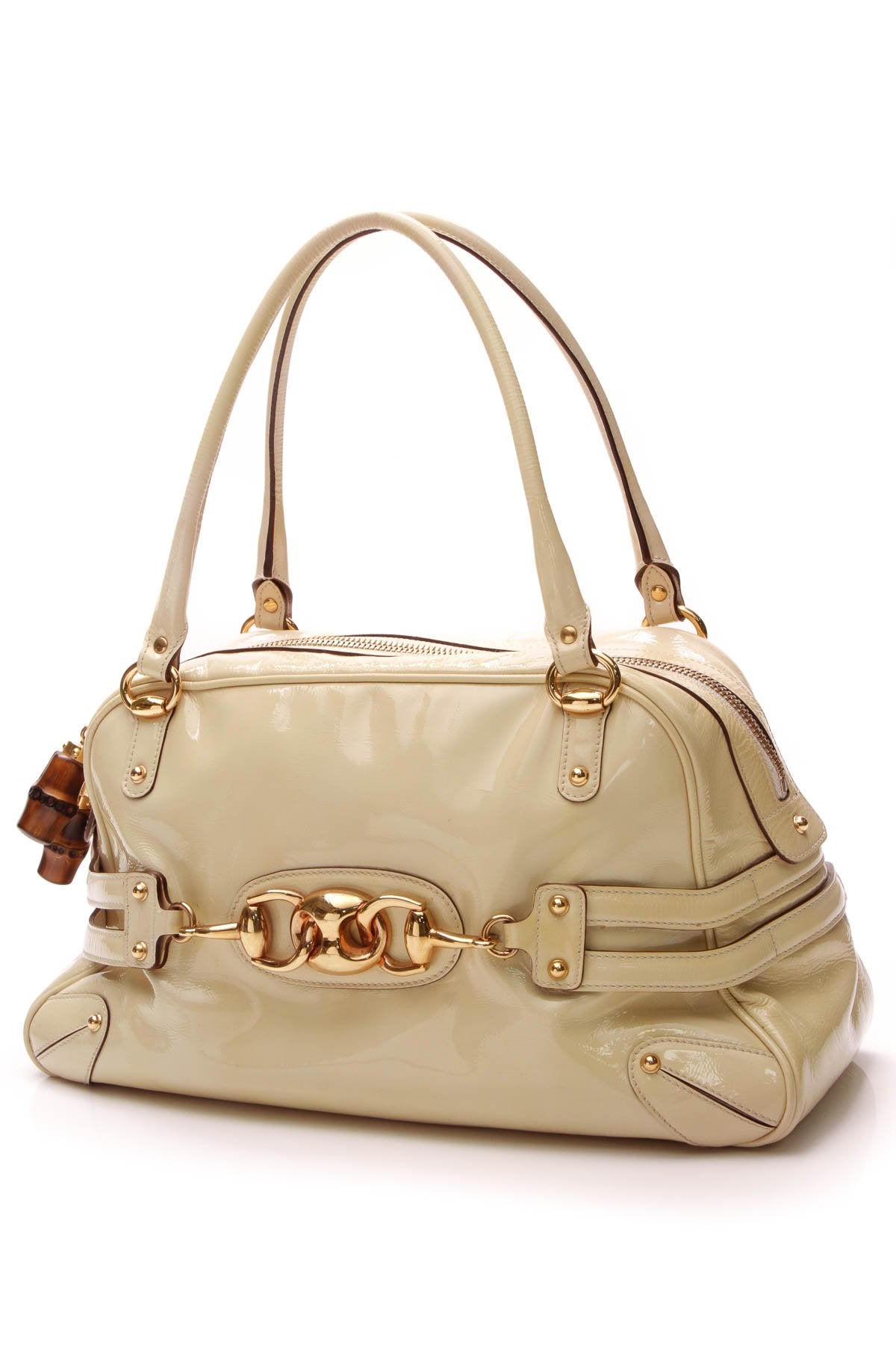 Bamboo Wave Large Boston Bag - Beige Patent