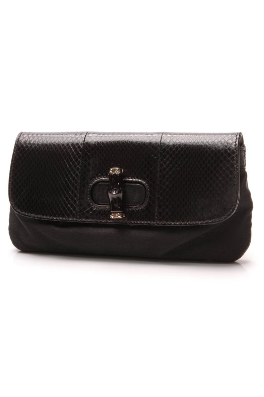 Bamboo Python Satin Clutch - Black