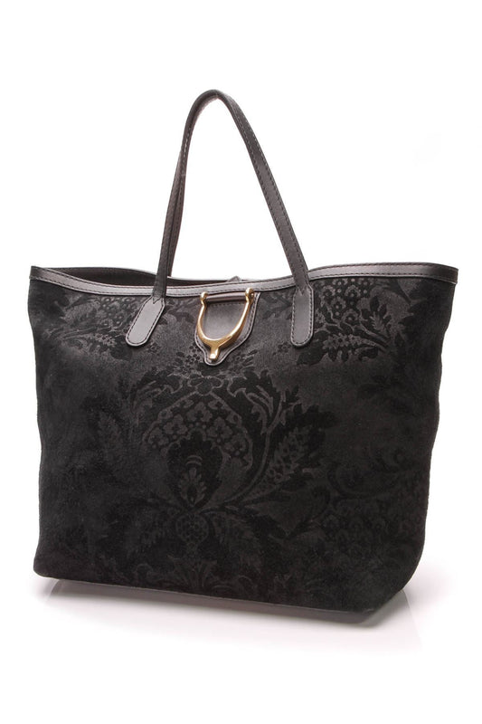 Brocade Stirrup Tote Bag - Black Suede