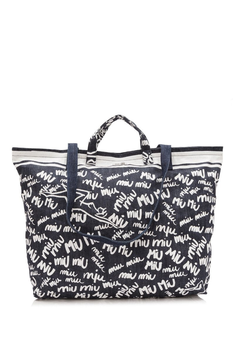 Pre-Loved Miu Blue Navy Denim Fabric Print Shopping Tote Italy