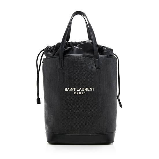 Saint Laurent Leather Canvas Drawstring Teddy Medium Shopping Tote