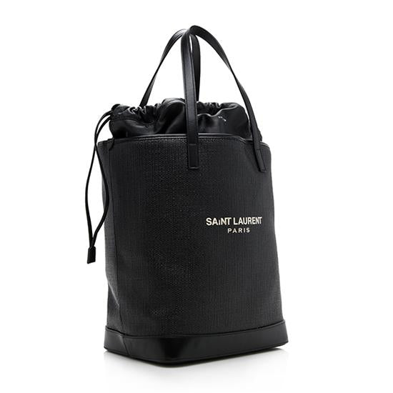 Saint Laurent Leather Canvas Drawstring Teddy Medium Shopping Tote