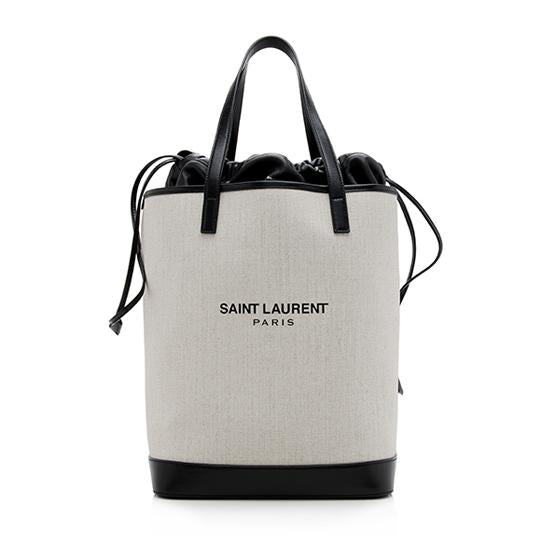 Saint Laurent Leather Canvas Drawstring Teddy Medium Shopping Tote