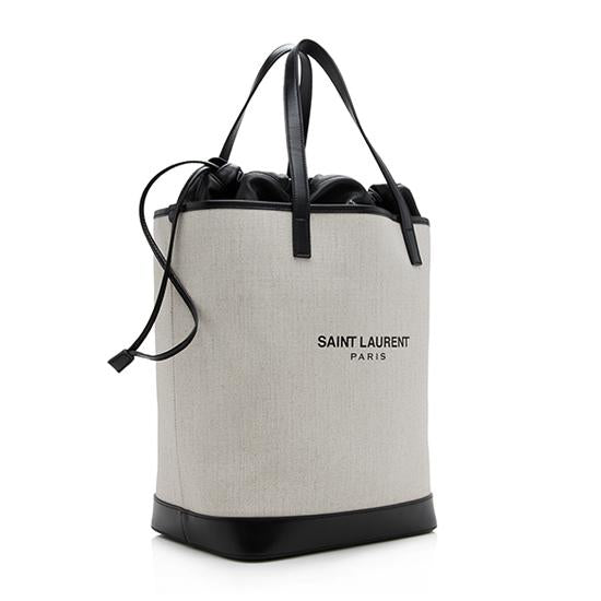 Saint Laurent Leather Canvas Drawstring Teddy Medium Shopping Tote