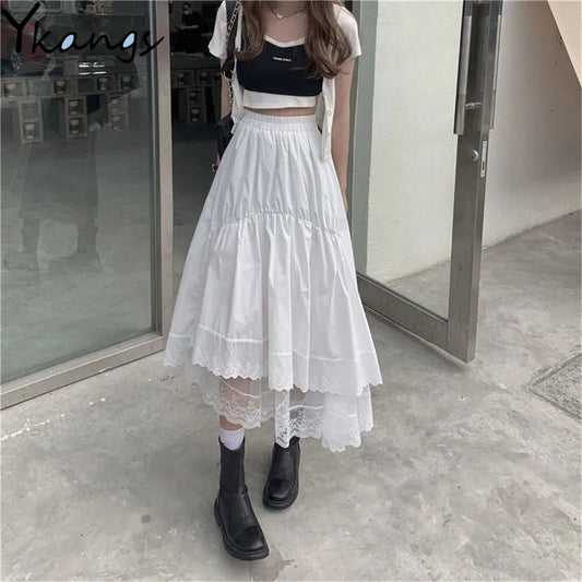 Black Gothic Lace Stitching Irregular Pleated Skirt Women White Vintage High Waist Long Skirt Korean Solid Hip Hop Streetwear